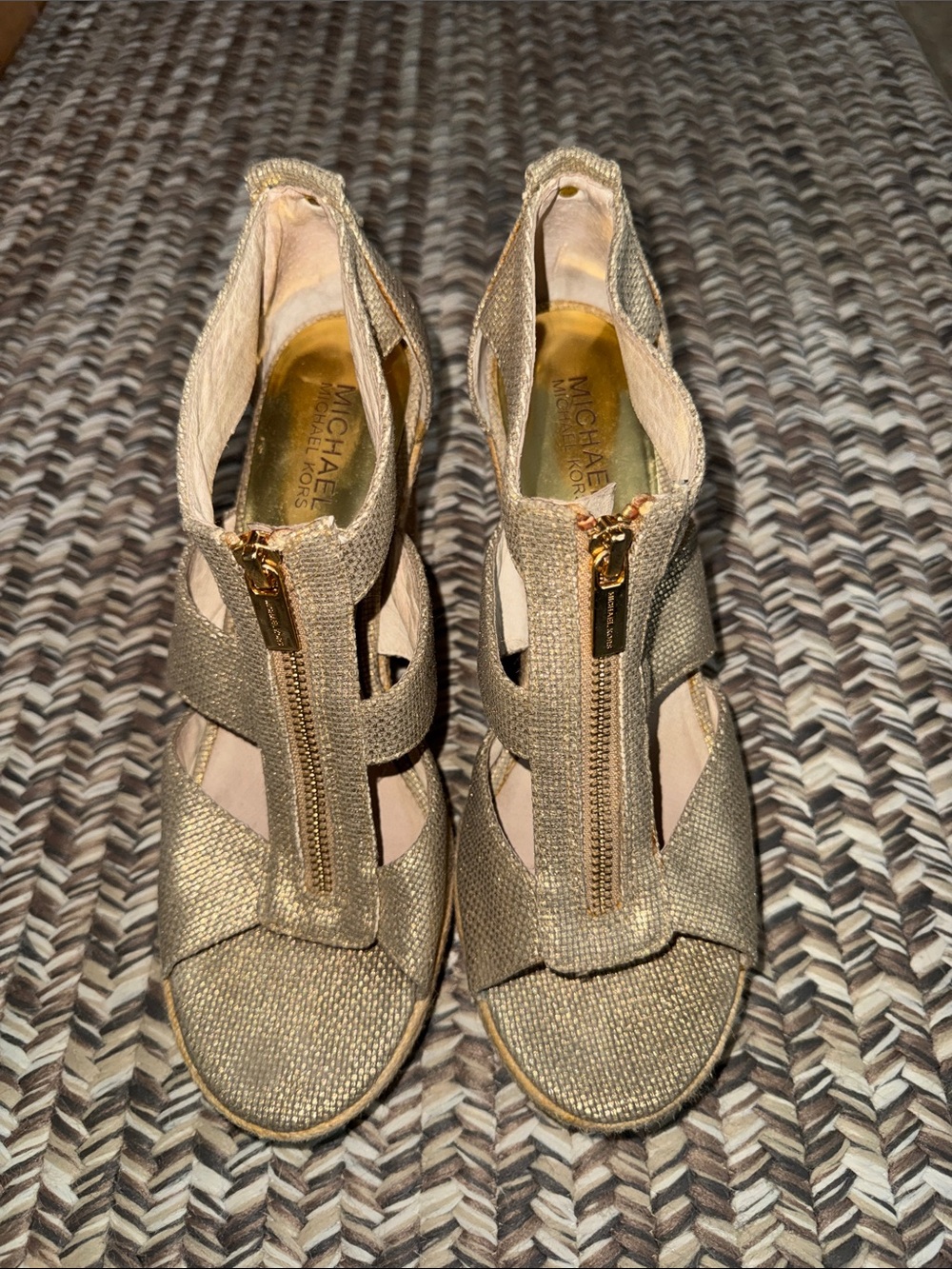 Michael Kors Metallic Gold Front-Zip Wedge Sandals